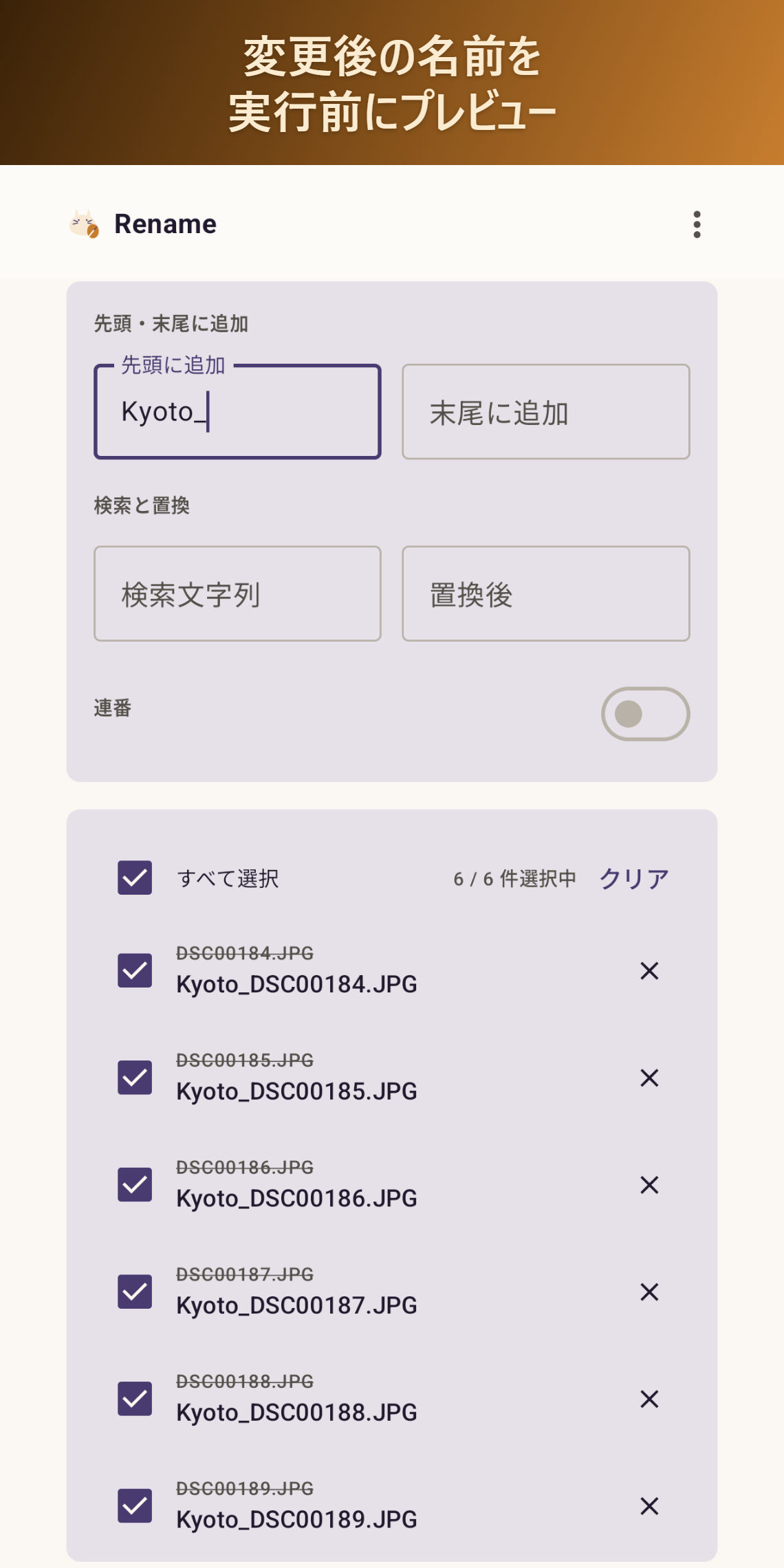 Renameの画面。変更後の名前をプレビュー